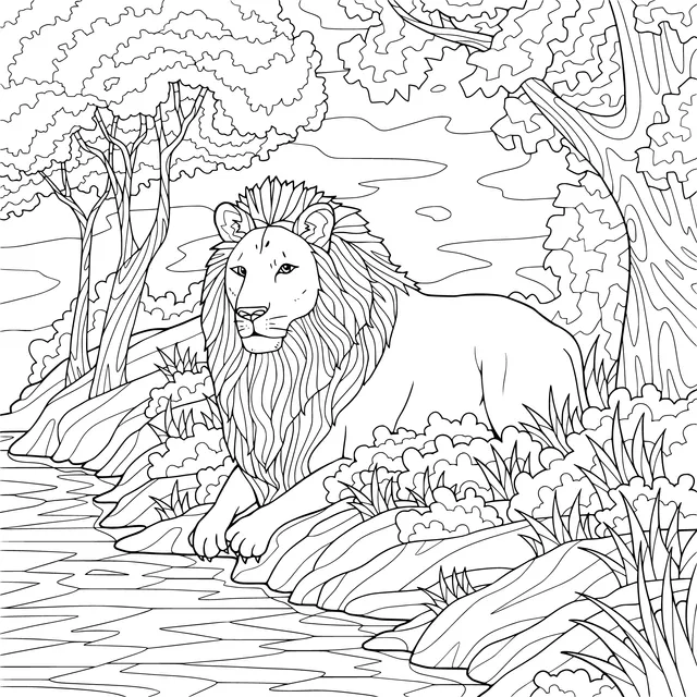 A resting male lion by the river