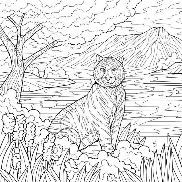 Tiger Resting by the Lake