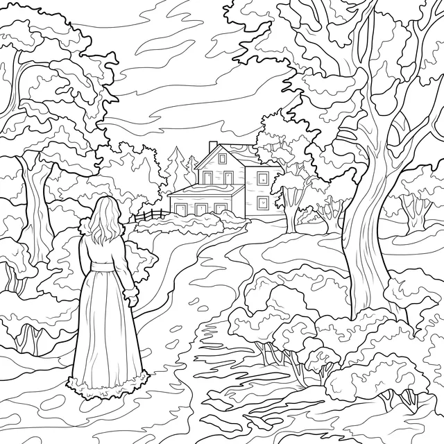 Woman in front of a cabin in the snow