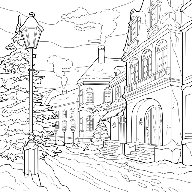 Warm Street Scene in a Winter Snowy Night