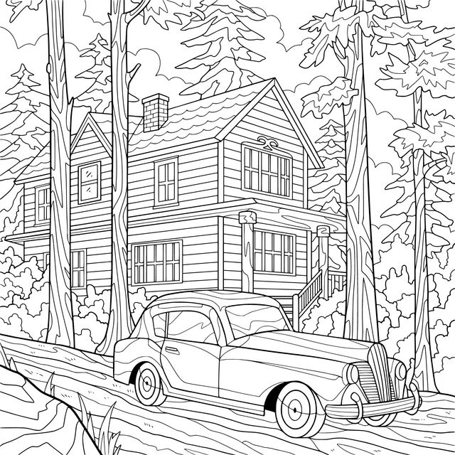 Log Cabin and Vintage Car in the Forest