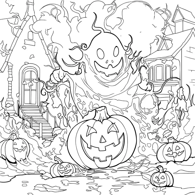 Halloween Scene with Ghost and Jack - o'- lanterns