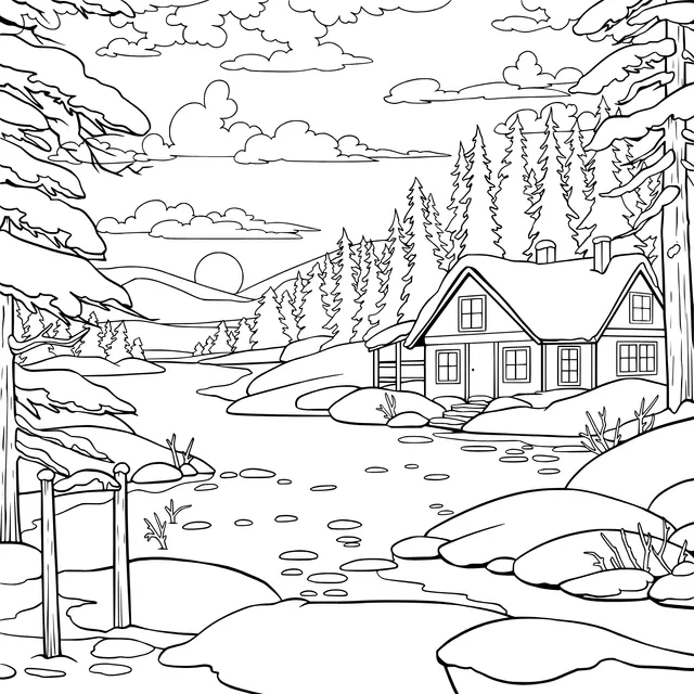 Beautiful Sunset over a Cabin by the Lake in Winter