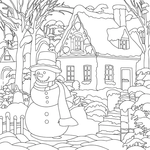 A Snowman and a Cottage in Winter Scenery