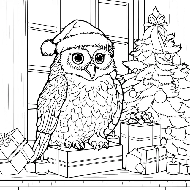An owl wearing a Santa hat with gifts and a Christmas tree