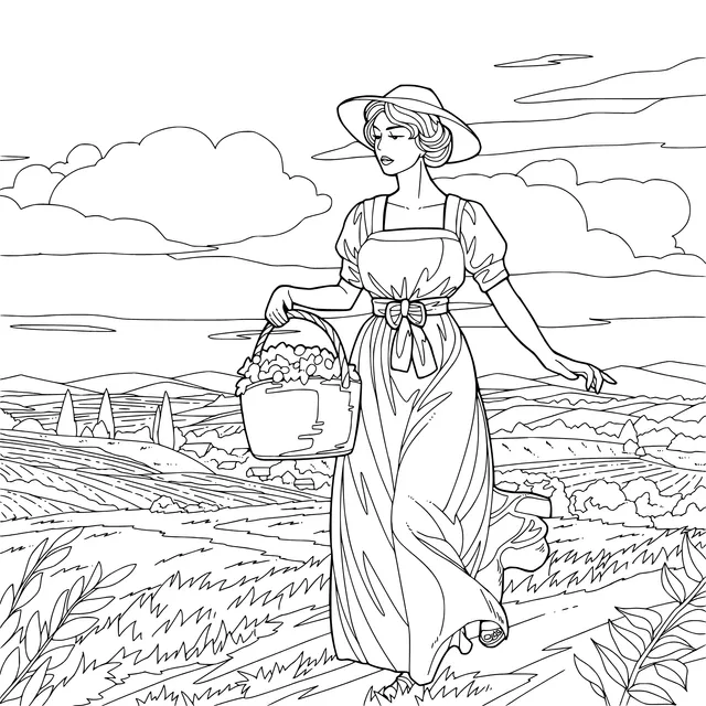 Woman walking with a basket in the fields