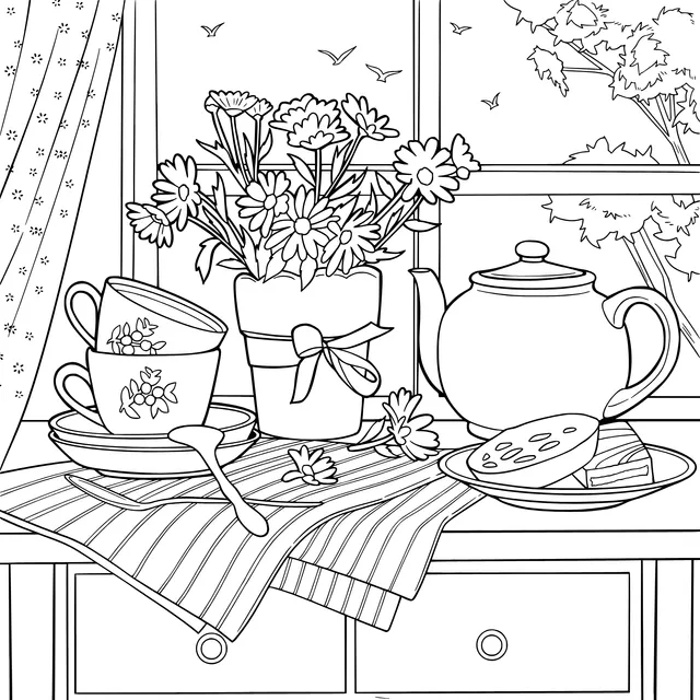 Tea - time treats and floral view by the window