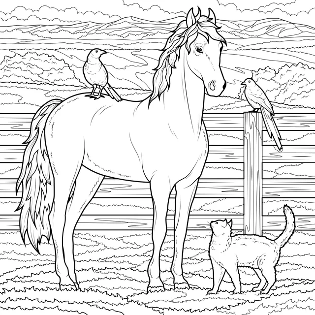 A Pastoral Encounter of a Horse, a Cat and Birds