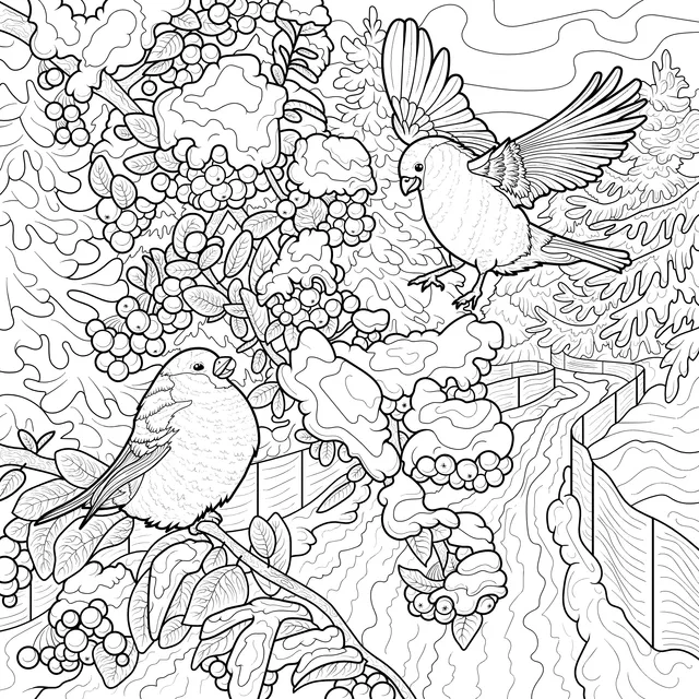 Bullfinches on the Branch in Winter