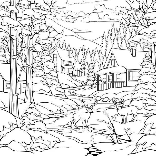 Cozy cabins and deer in the snowy winter forest