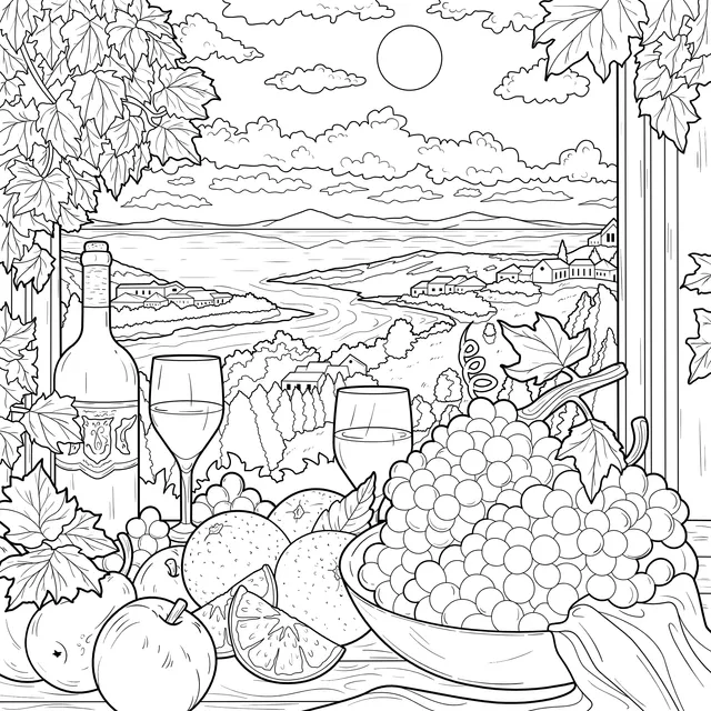 Fine Wine and Fresh Fruits under Rural Scenery