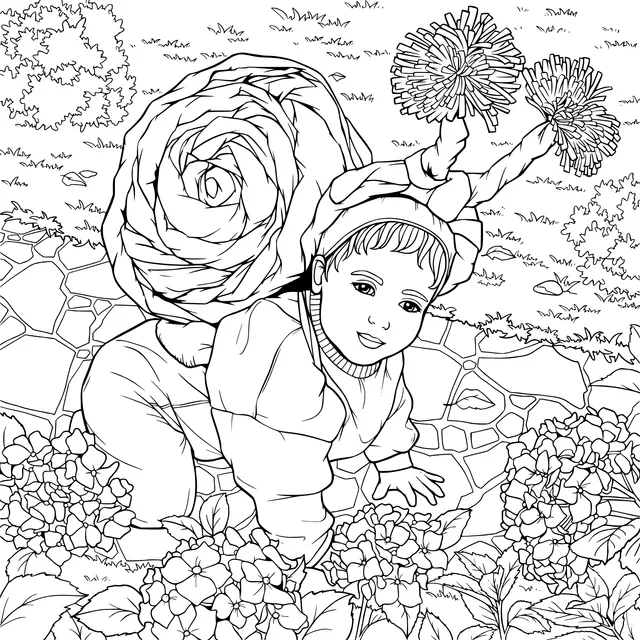 A child dressed as a snail beside the flower - bed
