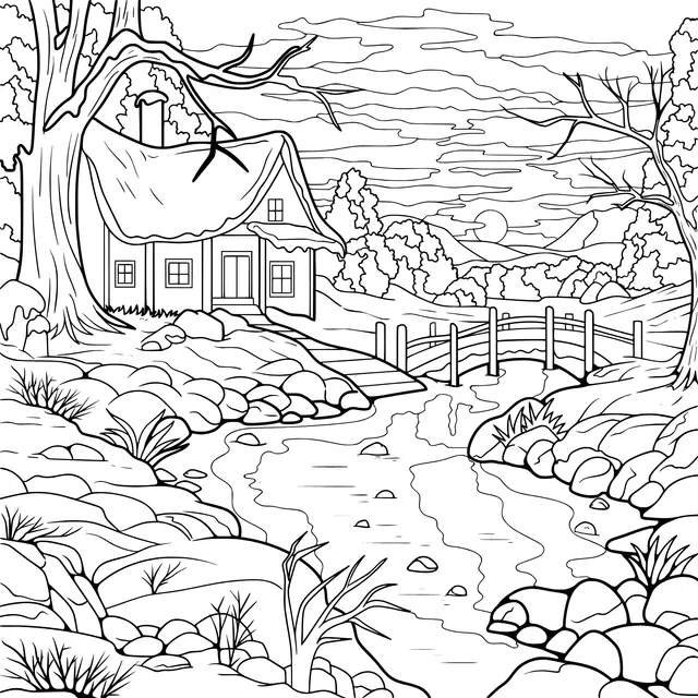 Cabin by the Stream in Winter
