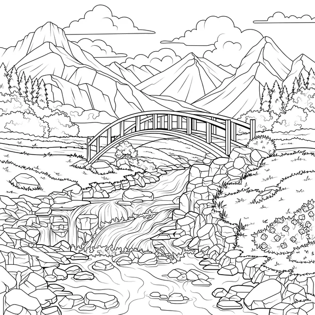 Red Bridge over a Mountain Stream