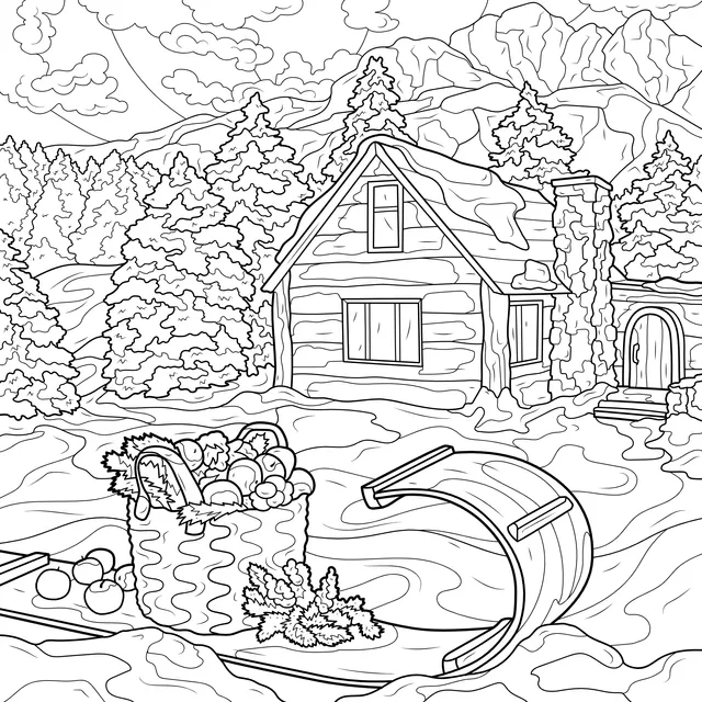 Sled and Vegetables and Fruits beside a Log - cabin in Winter