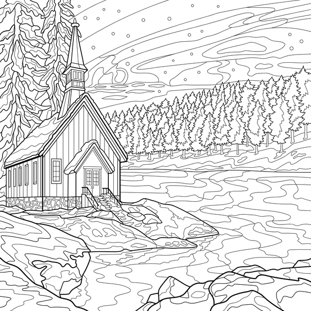 Red House by the Lake under the Northern Lights