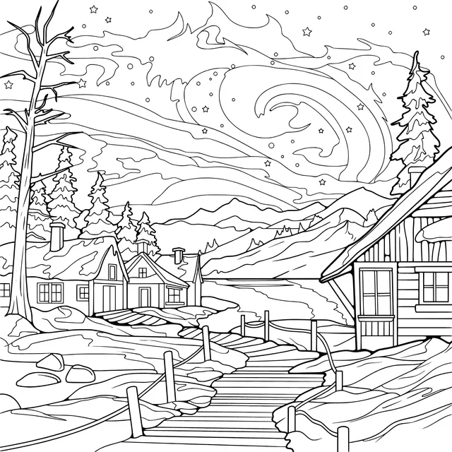 Mountain Cabins in the Snowy Night
