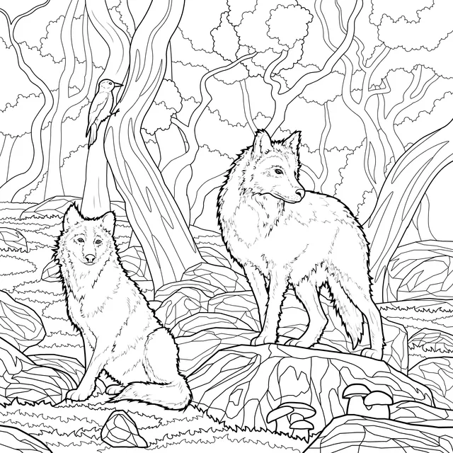 Wolves and Woodpecker in the Forest