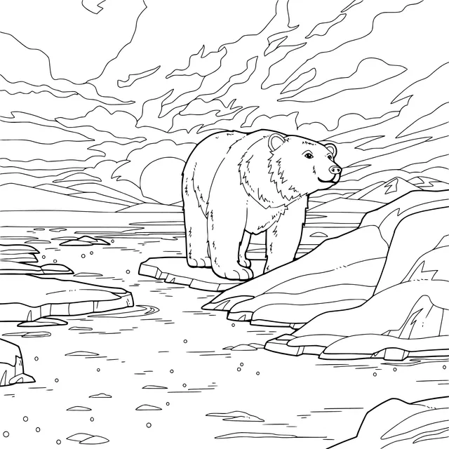 Polar bear on the ice under the aurora