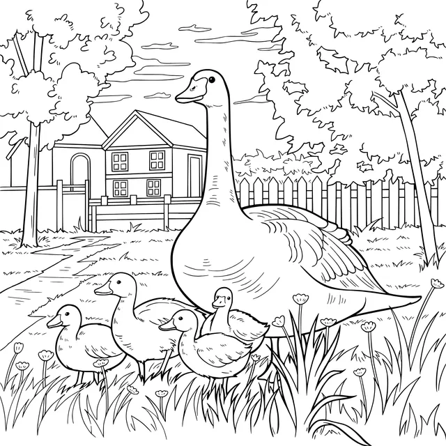 Mother Goose and Goslings on the Courtyard Lawn
