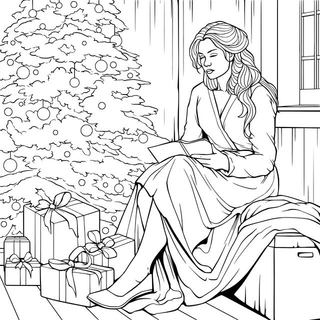 Woman reading under the Christmas tree