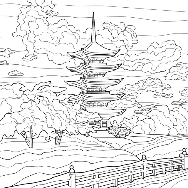 Pagoda Surrounded by Cherry Blossoms