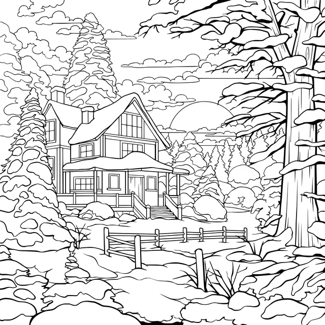 A Cabin in the Forest at Winter Dusk