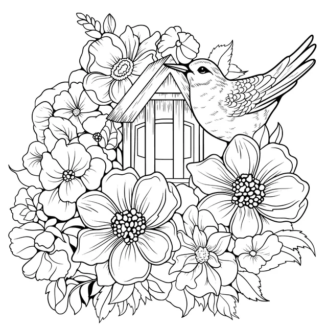 Birdhouse and Bird Surrounded by Flowers