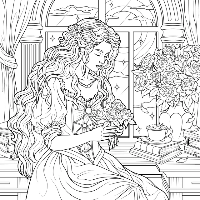 A Princess Holding Flowers under the Moonlight