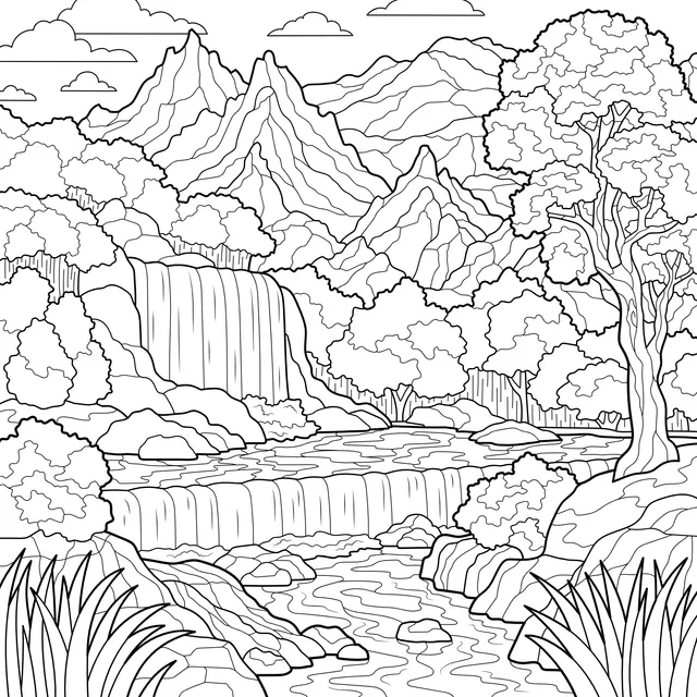 Autumn Landscape with Mountains, Waterfall and River