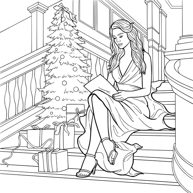 Woman reading on the stairs with a Christmas tree