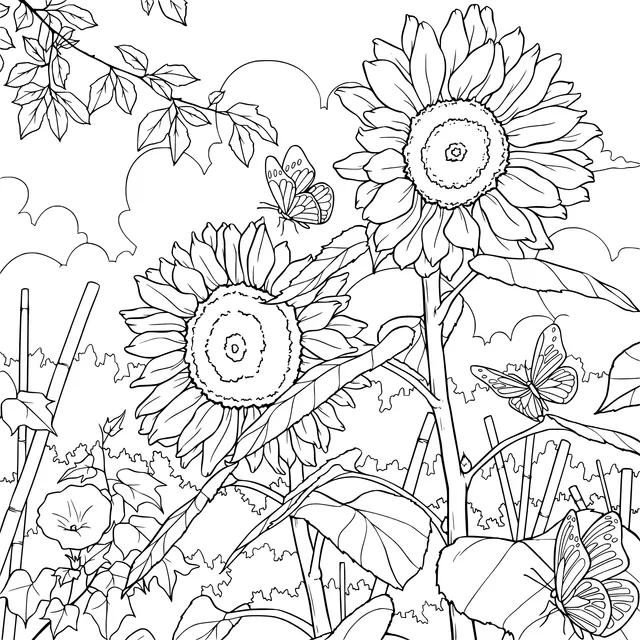 Sunflowers and Butterflies in a Rural Scene