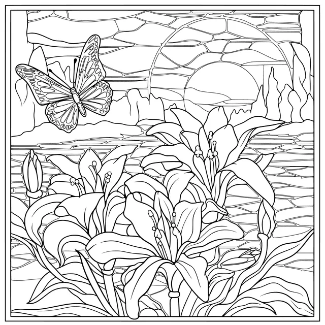Evening Scene of Lilies and a Butterfly