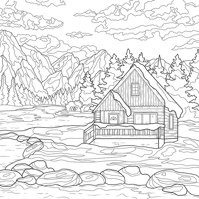 Snow - covered Cabin by the Lake