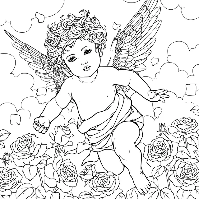 Little angel flying among the roses