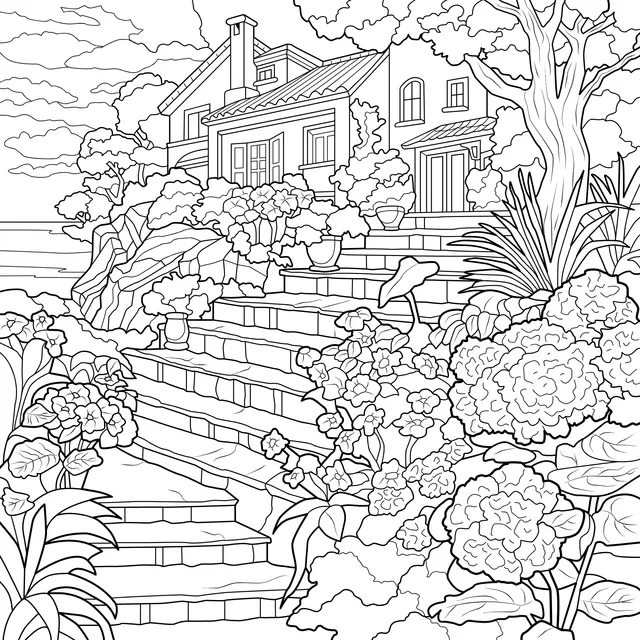 House Surrounded by Flowers by the Seaside