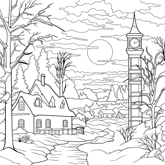 Village and Clock Tower at Winter Dusk