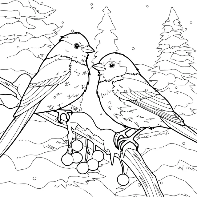 Colorful Birds on a Snow - covered Branch