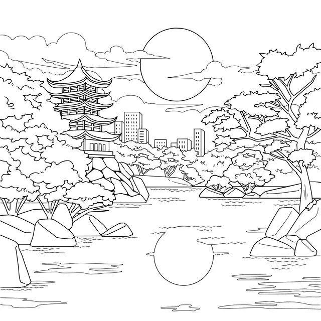Ancient Pagoda Surrounded by Cherry Blossoms and Cityscape