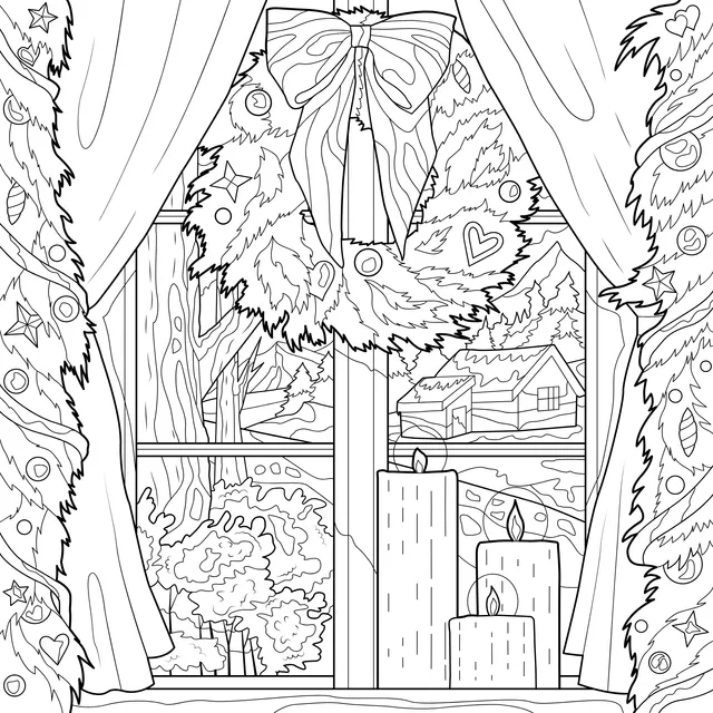 Snowy scene outside a festively - decorated window