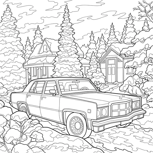 Red Car in a Winter Countryside