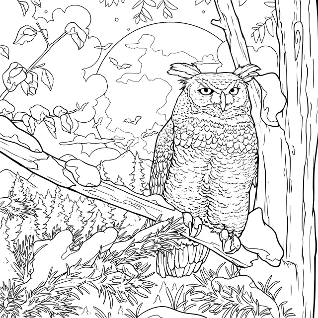 An Owl on a Branch under the Moonlit Night