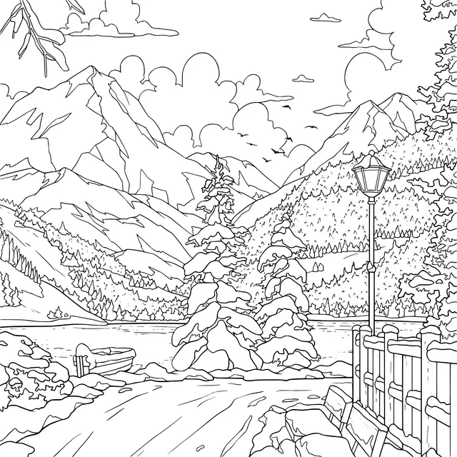 Winter scenery by the snowy mountain lake