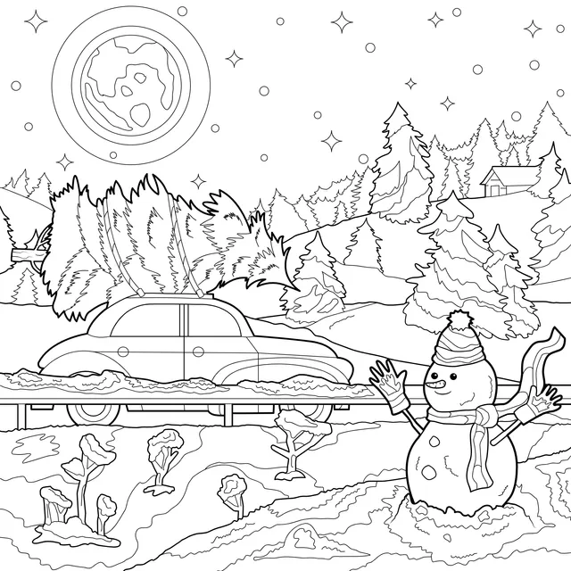 Snowman and Car in a Winter Night Scene
