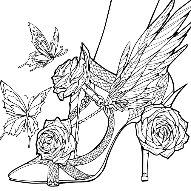 Dreamy high - heel shoes with wings accompanied by butterflies and flowers