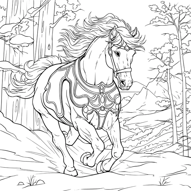 A galloping horse in the snow