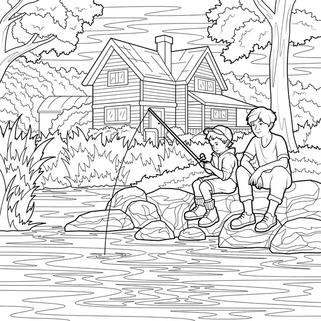 Father - son fishing time by the river