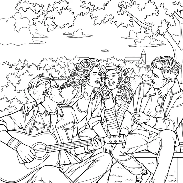 Friends gather for singing and playing guitar in an autumn park