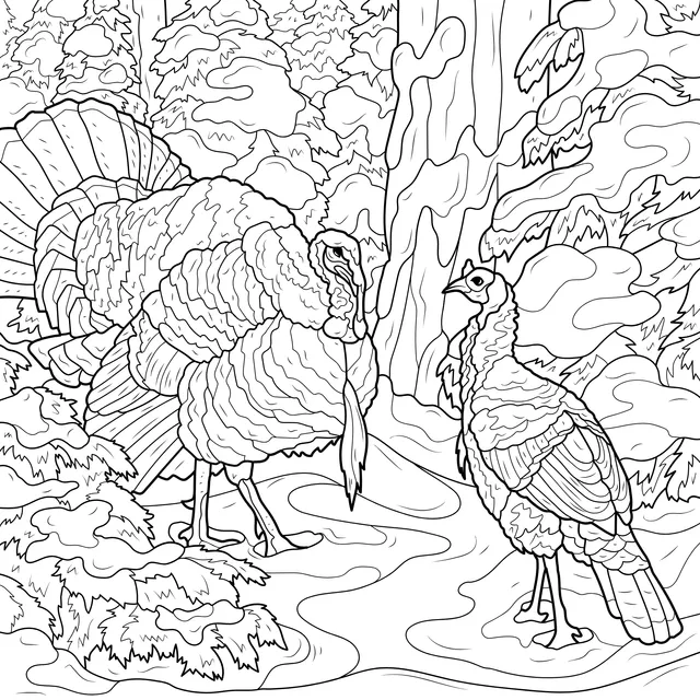Turkeys in the Snowy Forest