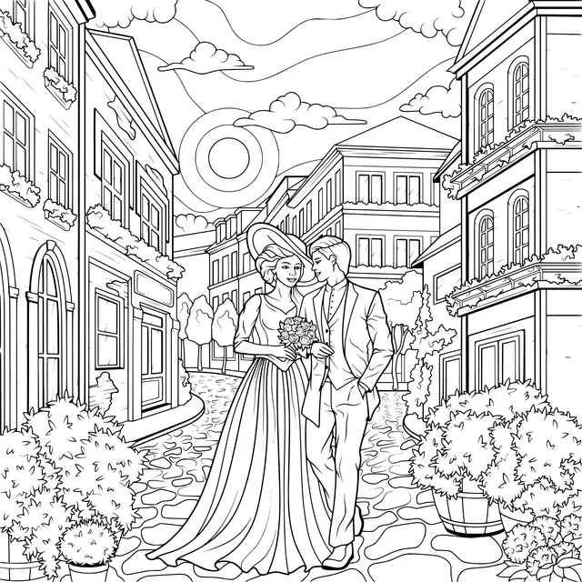 Lovers strolling in a romantic street